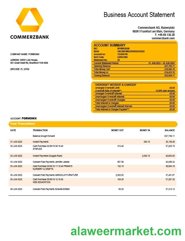 Commerzbank company checking account statement Word and PDF template